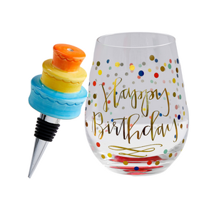 16 Oz. Happy Birthday Stemless Wine Glass and Cake Bottle Stopper Gift Set