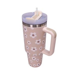 40 Oz. Sandstone Daisy Tumbler with Handle & Straw