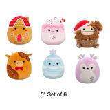 Set of 6 Christmas Squishmallow Blue Tree, Pink Fawn, Hot Chocolate, Bigfoot, Gingerbread Cow and House 5" Stuffed Plush by Jazwares