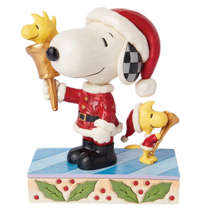 Jim Shore Peanuts Santa Snoopy Ringing Bell and Santa Woodstock with a Horn "Sounds of Joy" Figurine, 6.25" Hallmark Gold Crown Exclusive