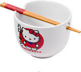 Silver Buffalo Sanrio Hello Kitty Japanese Ceramic Ramen Noodle Rice Bowl with Chopsticks, Microwave Safe, 20 Ounces