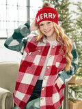 Woman wearing Holiday Plaid Shacket and Red Beanie with Merry Lettering