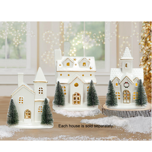 7" LED Light Up Ivory & Gold Village Ceramic House