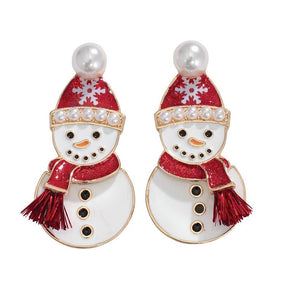 Holiday Earrings Enameled Snowmen w Pearls