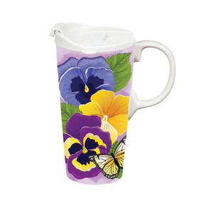 Butterfly & Pansies Ceramic Latte Mug 17 Oz. with Gift Box