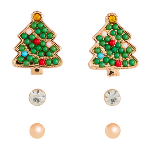 Set of 3 Holiday Christmas Tree Stud Earrings Set