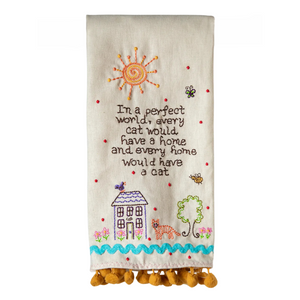 Every Home Would Have a Cat Linen Embroidered Hand Towel with Pompom Trim