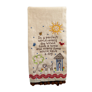 Every Home Would Have a Dog Linen Embroidered Hand Towel with Pompom Trim