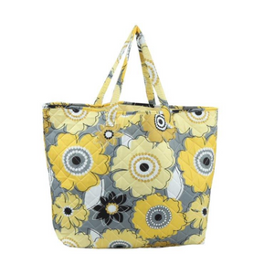 Francesca Yellow Gray Floral Quilted Tote 16" x 17" x 8" with 13" Straps