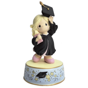 From Cap and Gown to New Horizons Graduation Blonde Girl with Black Gown Figurine Musical Plays Pomp and Circumstance