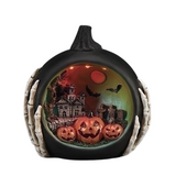 7.5" Halloween Lighted Black Scenic Pumpkin with Skull Hand, Haunted House, and Jack-O-Lanterns