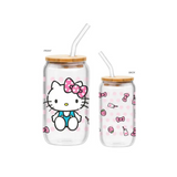 Hello Kitty Pink Dots 16 Oz. Glass Tumbler with Bamboo Lid and Glass Straw