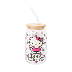 Hello Kitty Strawberry Toss 16 Oz. Glass Tumbler with Bamboo Lid and Glass Straw