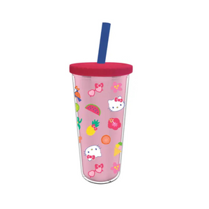 Hello Kitty Tropical Tossed Icons 24 Oz. Plastic Boba Tumbler with Lid and Straw