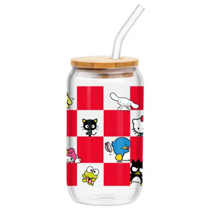 Hello Kitty and Friends Checkerboard 16 Oz. Glass Tumbler with Bamboo Lid and Glass Straw