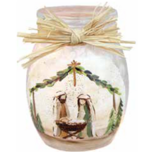 Holy Family Nativity 4" Lighted Small Jar with Ribbon