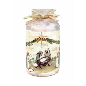 Holy Family Nativity 6" Lighted Medium Jar with Ribbon