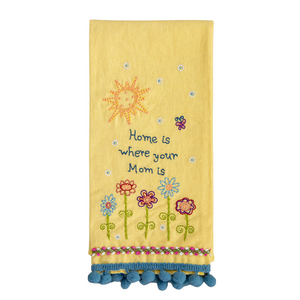 Home is Where Your Mom is Linen Embroidered Hand Towel with Pompom Trim