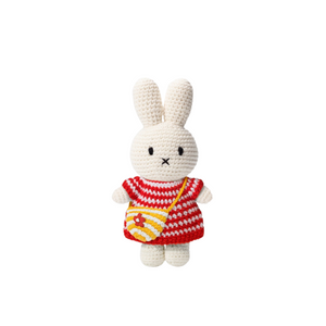 Miffy Bunny in Striped Red Dress and Yellow Bag Crocheted Plush Stuffed Animal 10"