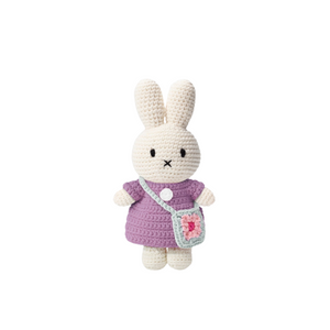 Miffy in Lilac Dress with Blue Flower Bag Crocheted Plush Stuffed Animal 10"