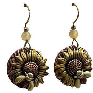 Silver Forest Bee on Sunflower Earrings