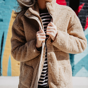 Oversized Sherpa Jacket with Front Pockets and Zipper Button Closure - Light Brown Tan