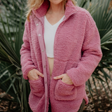 Oversized Sherpa Jacket with Front Pockets and Zipper Button Closure - Mauve Pink