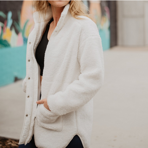 Oversized Sherpa Jacket with Front Pockets and Zipper Button Closure - White