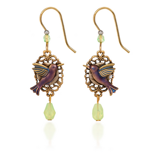 Silver Forest Purple Hummingbird on Filigree and Jade Drop Pierced Earrings