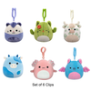 Set of 6 Squishmallows Axolotl, Possum, Fruit Bat, Cactus Cat, Highland Cow and Blueberry Cow 3.5" Clip Stuffed Plush by Jazwares