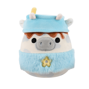 Easter Squishmallow Mustafa the Grey and White Spotted Cow Latte with Blue Fuzzy Sleeve 5" Stuffed Plush by Jazwares