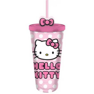 Sanrio Hello Kitty Pink Dots 24 Oz. Plastic Cold Cup with Lid and Straw Topper