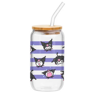 Sanrio Kuromi Emotional 16 Oz. Glass Tumbler with Bamboo Lid and Glass Straw