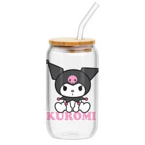 Sanrio Kuromi Sitting 16 Oz. Glass Tumbler with Bamboo Lid and Glass Straw