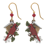 Silver Forest Earrings Cardinal with Birdhouse and Red Bead