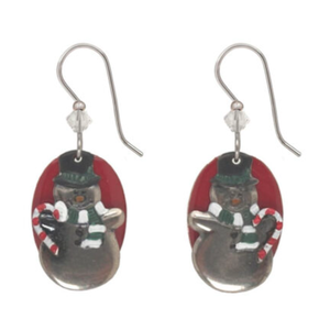 Silver Forest Earrings Snowman with Candy Cane on Red Teardrop