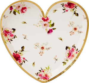 Floral Heart Die-Cut Heart Shape Paper Lunch Plates with Gold Foil Accents 8 Count