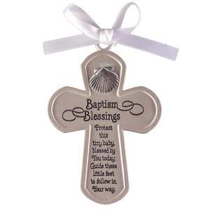 Baptism Blessings Crib Cross with Shell & White Ribbon