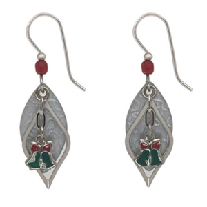 Silver Forest Earrings Green and Red Holiday Bells Silver Drops