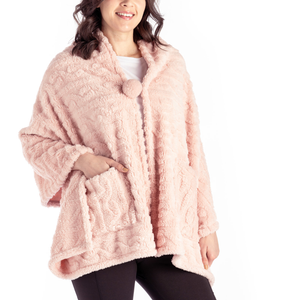 The Coziest Blanket Wrap with Front Pockets and Puff Pom Toggle Pink