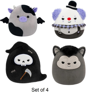 Set of 4 Halloween Squishmallows Werewolf, Clown, Cow Bat, and Grim Reaper 5" Stuffed Plush by Jazwares