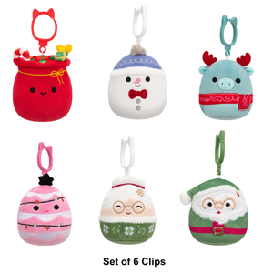 Set of 6 Christmas Squishmallows Bag of Toys, Snowman, Moose, Pink Tree, Green Santa & Mrs. Claus 3.5" Clip Stuffed Plush by Jazwares