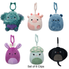 Set of 6 Squishmallows Dark Bigfoot, Peach Cow, Squirrel, Jackalope, Mushroom, and Stingray 3.5" Clip Stuffed Plush by Jazwares