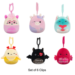 Set of 6 Valentine Squishmallow Banana, Bat, Opossum, Cow, Cat, and Betta Fish 3.5" Clip Stuffed Plush by Jazwares (Copy)