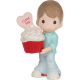 Precious Moments You Bake Me Happy Brunette Boy with I Love You Message and Cupcake Porcelain Figurine