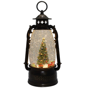 13.25" Holiday Rotating Train around Christmas Tree Glitter Water Lantern