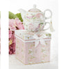 Porcelain Tea for One Pink Rose Bird in Gift Box