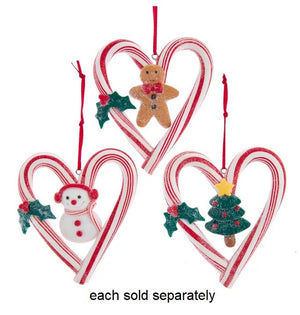 Claydought Candy Cane Heart Ornament with Gingerbreadman, Snowman, or Christmas Tree