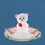 I Love You Frosted White and Pink Bear with Red Crystal Heart with Red Hearts Glass Figurine