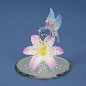 Hummingbird on Lavender Lily with Pink Crystals Glass Figurine